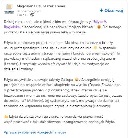 opinia Magdaleny Czubaszek z Linked In