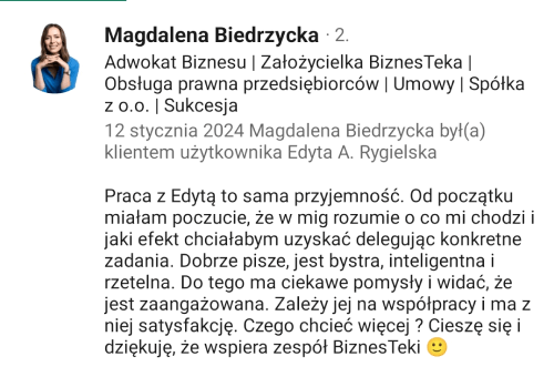 opinia Magdaleny Biedrzyckiej z Linked In